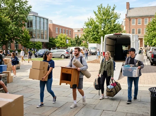 Students walking to class while holding furniture and boxes of belongings.